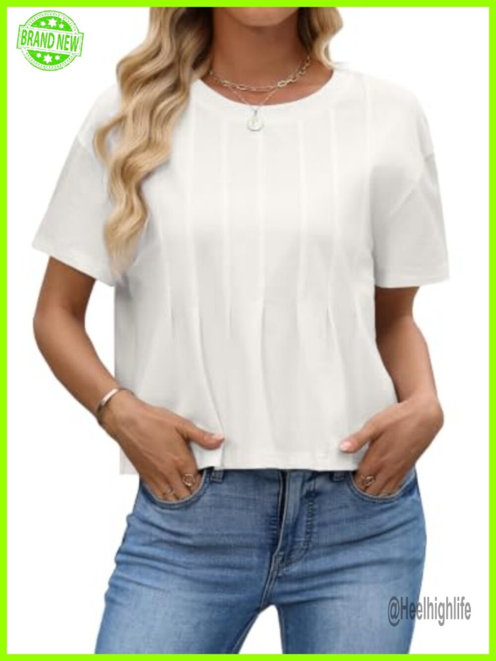 LilyCoco Pleated Short Sleeve Crop Top Boxy Crew Neck Tee